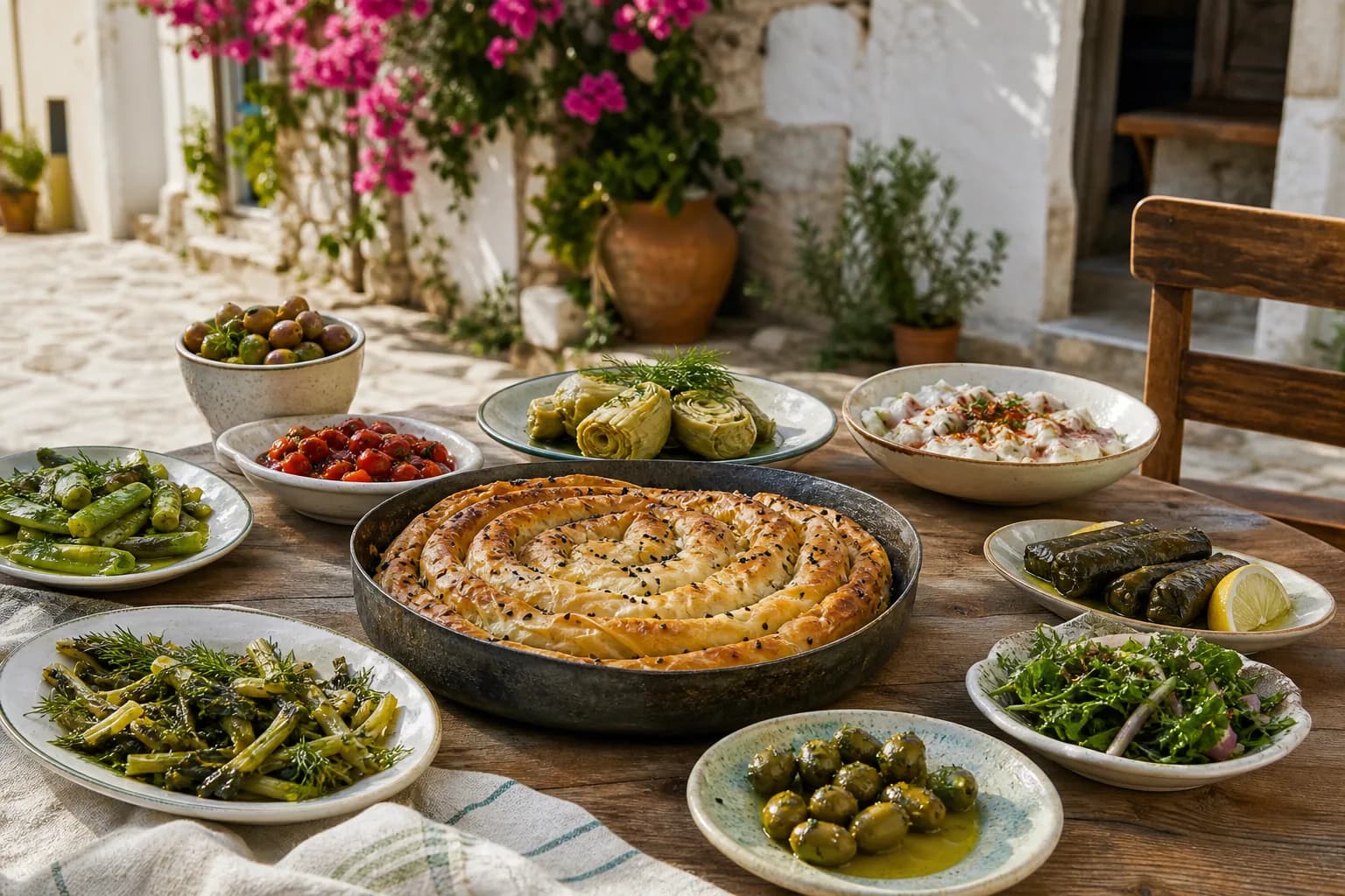 Alaçatı taş avlusunda el açması börek, enginar, yaprak sarma, mantı ve zeytinyağlılardan oluşan sofra