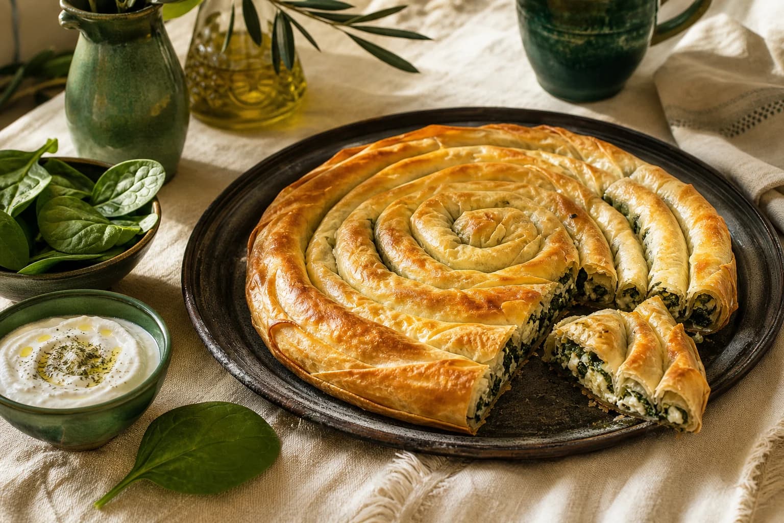 İnce el açması katmanları ve ıspanaklı peynirli iç harcı görünen spiral Boşnak böreği