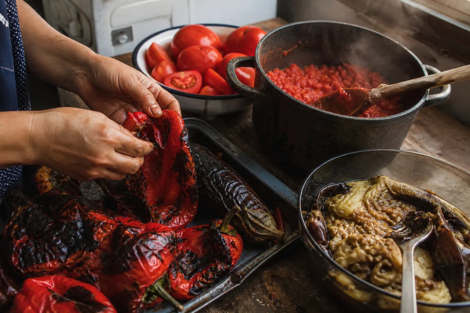 Közlenmiş kırmızı biber ve patlıcan soyularak Ajvar ve Lutenitsa için hazırlanıyor