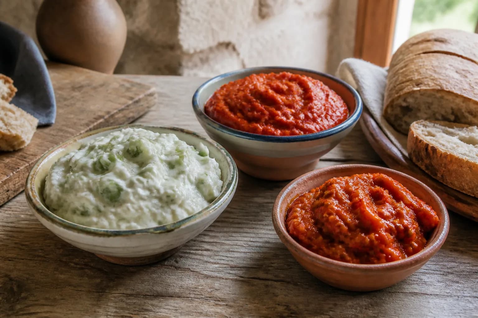 Seramik kaselerde yan yana sunulan Soka, Ajvar ve Lutenitsa sosları