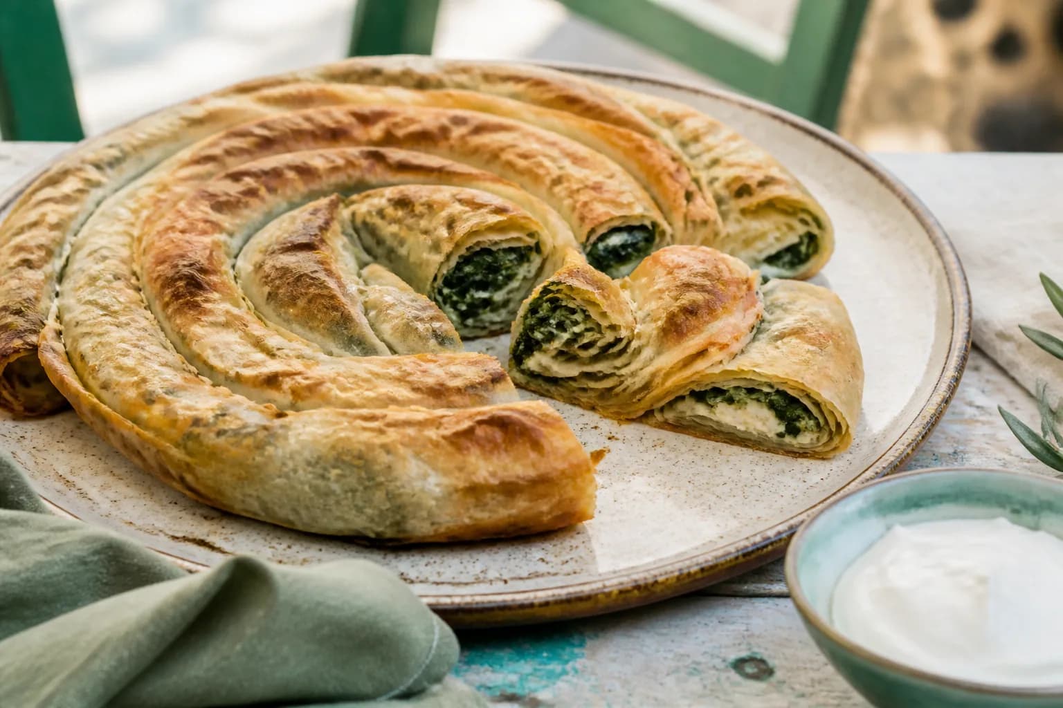 Kesildiğinde ince katmanları ve ıspanaklı peynirli harcı görünen spiral Boşnak böreği