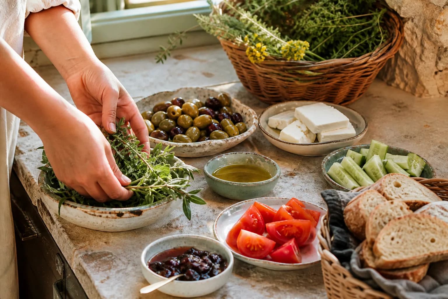 Zeytin, peynir, domates, salatalık, Ege otları ve zeytinyağıyla kahvaltı hazırlığı