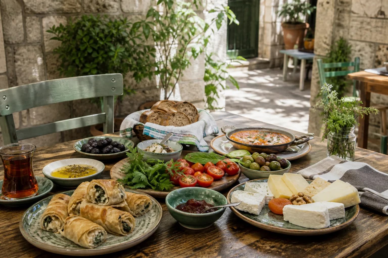 Alaçatı taş avlusunda zeytin, peynir, sebze, reçel ve el açması börekli Ege kahvaltısı