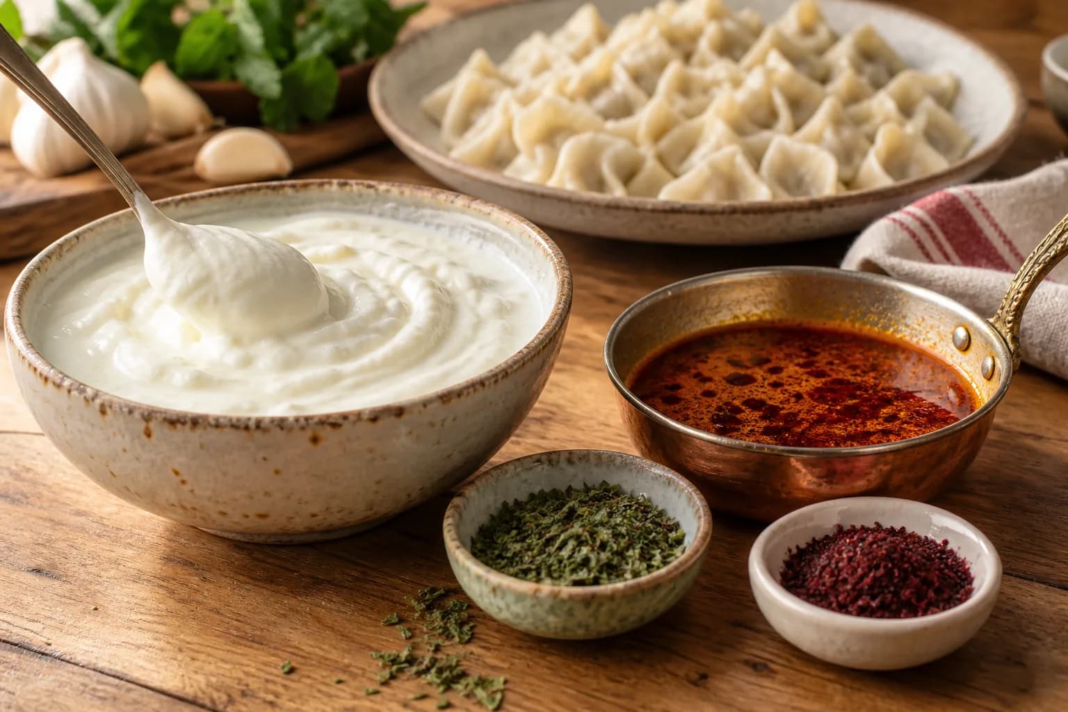 Kayseri mantısı servisi için sarımsaklı yoğurt, kırmızı biberli yağ, kuru nane ve sumak hazırlanıyor
