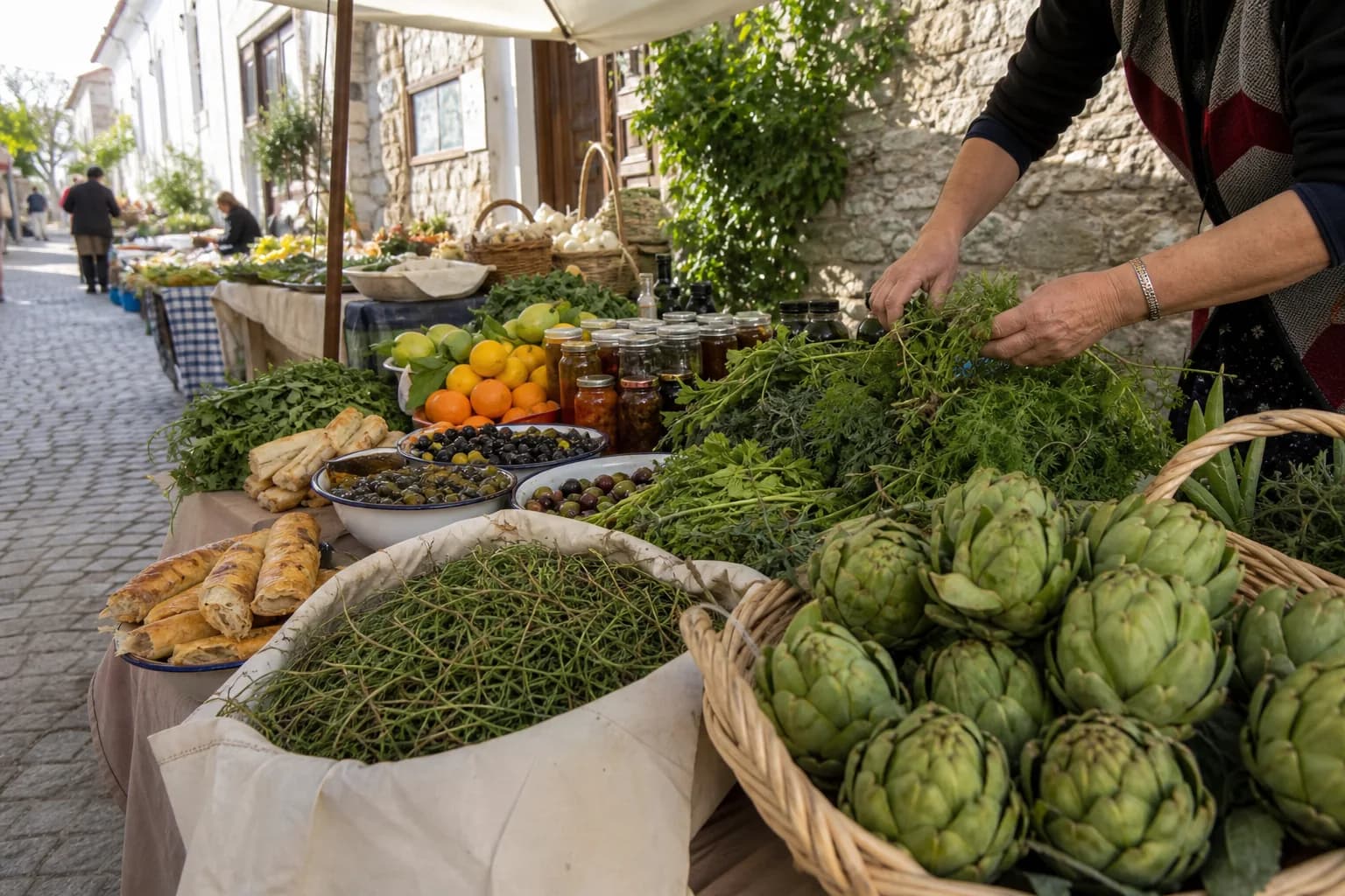 Sığacık Kaleiçi taş sokağında enginar, Ege otları, zeytin ve yerel ürünlerin satıldığı üretici tezgâhı