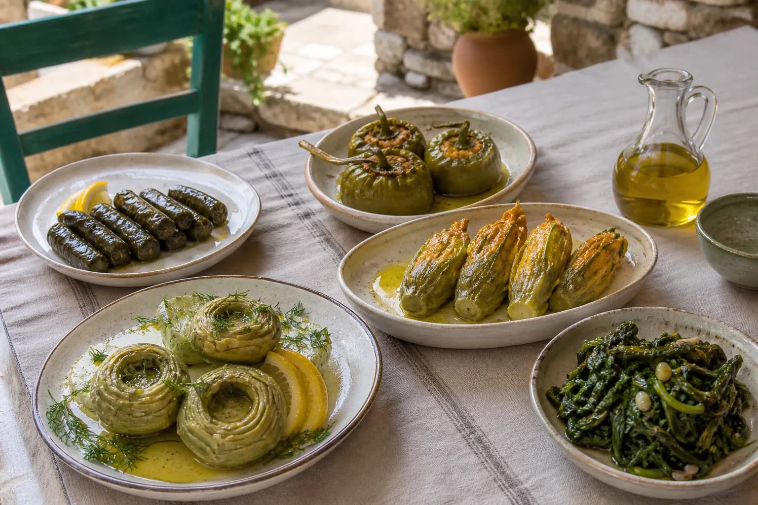 Enginar, kabak çiçeği dolması, yaprak sarma, biber dolması ve Ege otlarından zeytinyağlı sofra