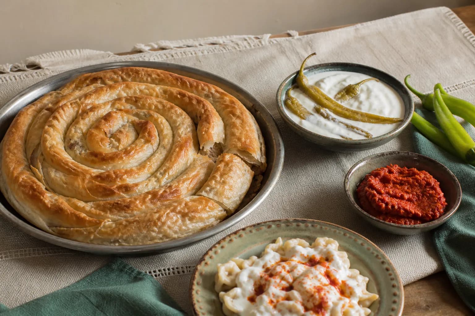 İzmir'de Boşnak mutfağını anlatan spiral el açması börek, yeşil biberli Soka, Ajvar ve yoğurtlu mantı sofrası
