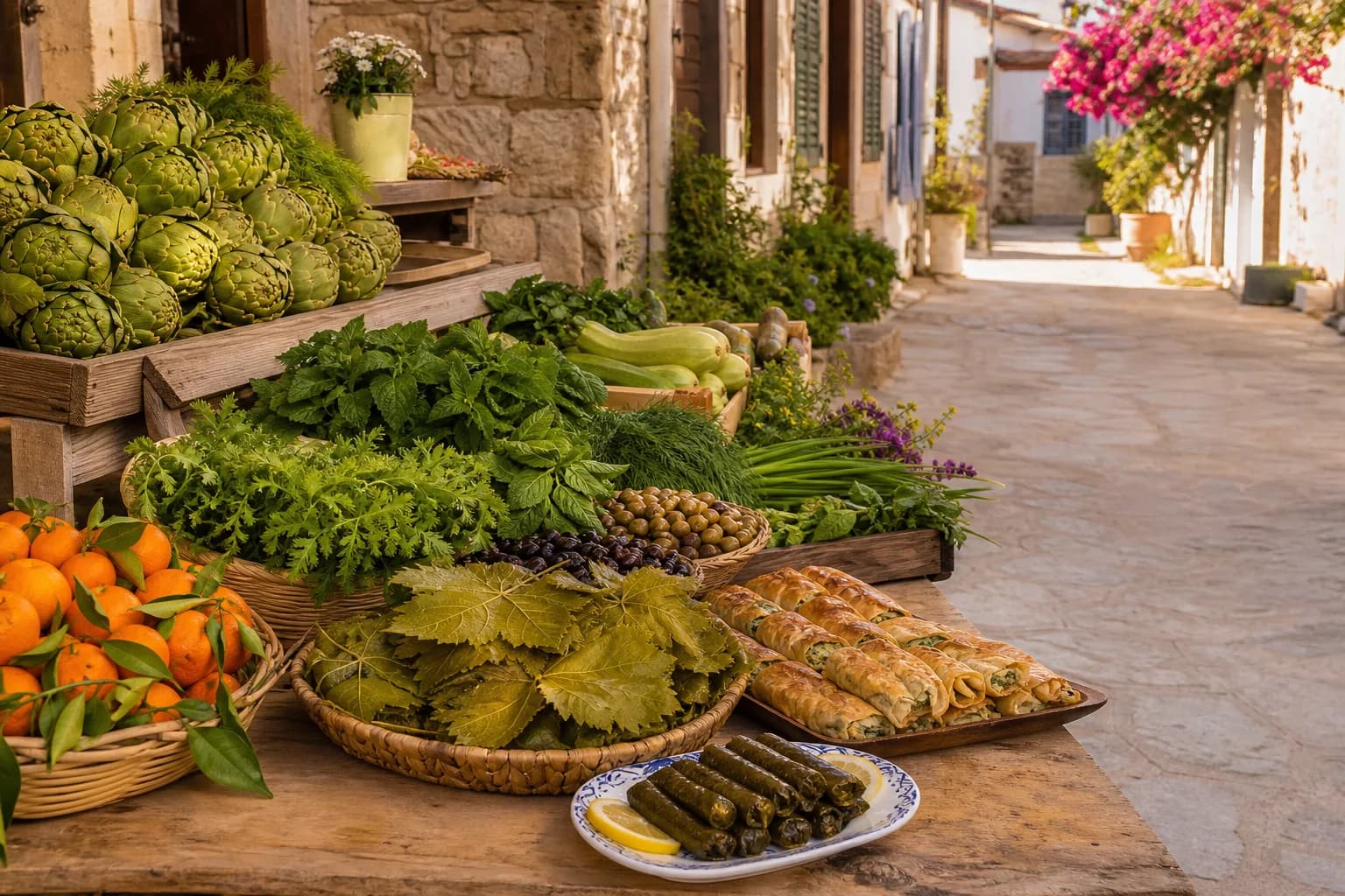 Sığacık Kaleiçi taş sokağında enginar, Ege otları, zeytin, mandalina, yaprak sarma ve el açması börek bulunan üretici pazarı tezgâhı