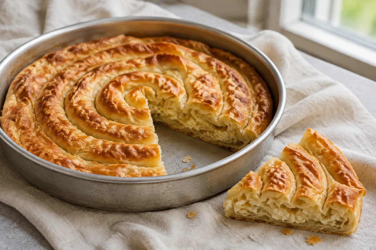 İnce katmanları görünen peynirli spiral börek ve tepsiden alınmış bir dilim