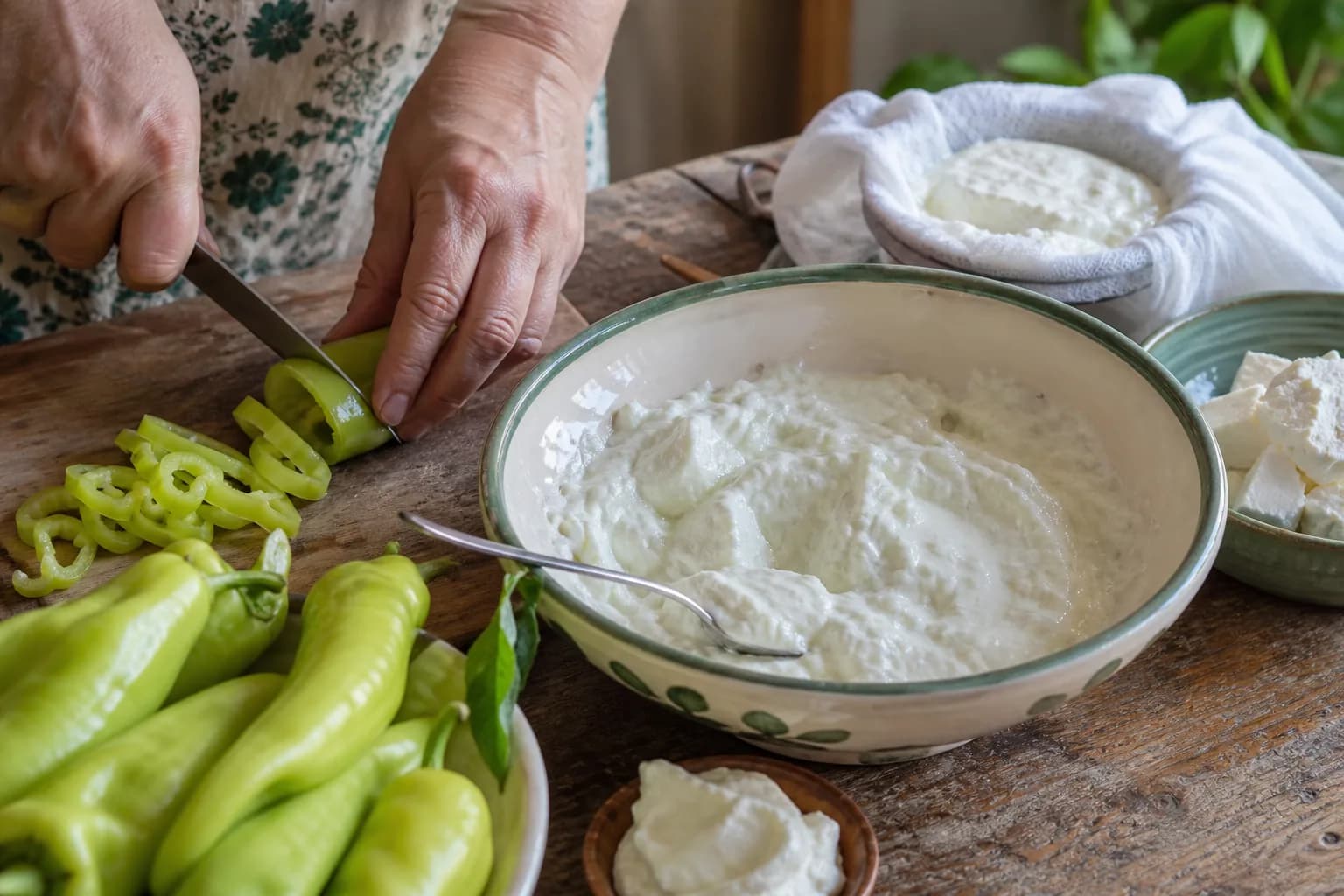 Yeşil Boşnak biberleri doğranırken yoğurt, kaymak ve peynirle Soka hazırlanması