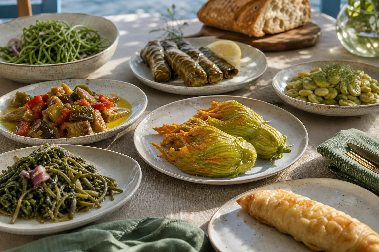 Sığacık sofrasında kabak çiçeği dolması, yaprak sarma, zeytinyağlılar, Ege otları ve el açması börek