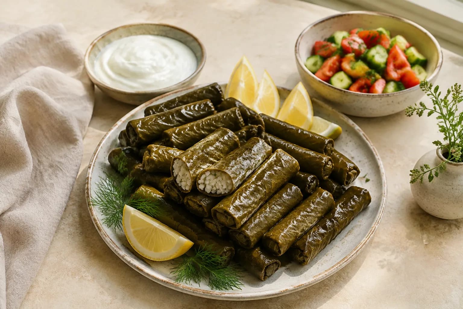 Yaprak sarması, yoğurt, mevsim salatası ve limonla hazırlanan servis tabağı