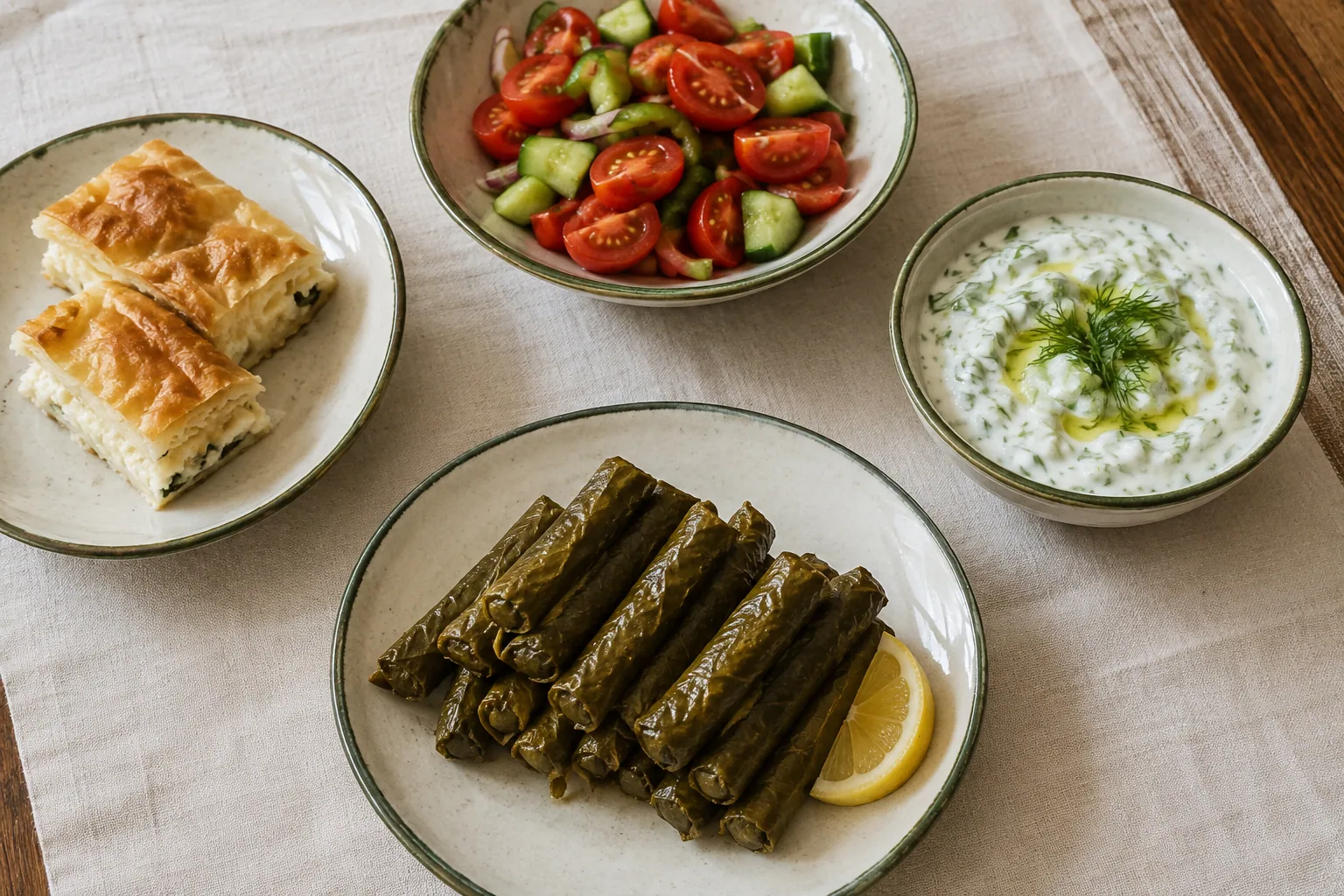 Yaprak sarma, cacık, domatesli salata ve peynirli börekten oluşan sofra