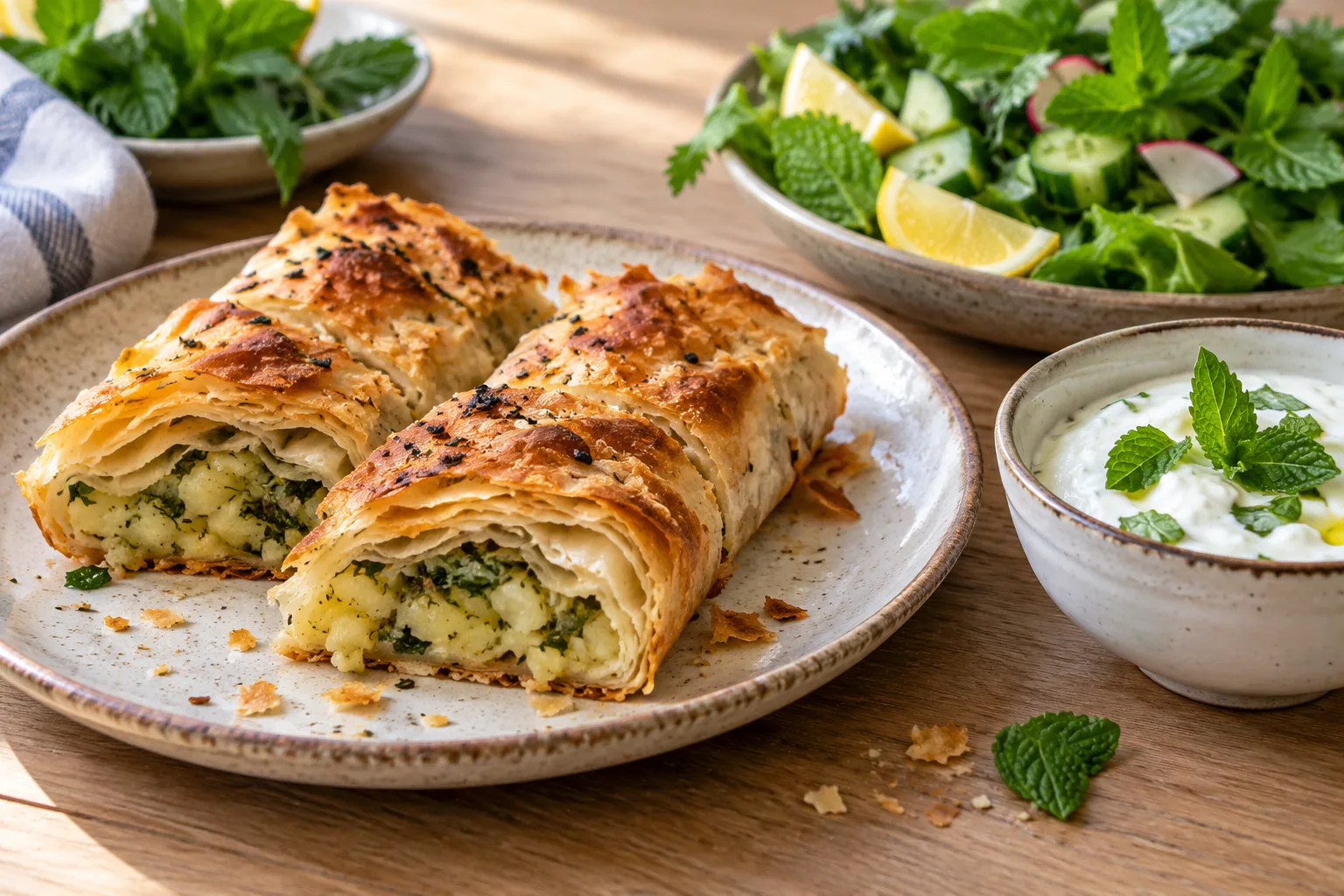Patatesli ve otlu el açması börek dilimleri, yanında yoğurt ve limonlu yeşillik